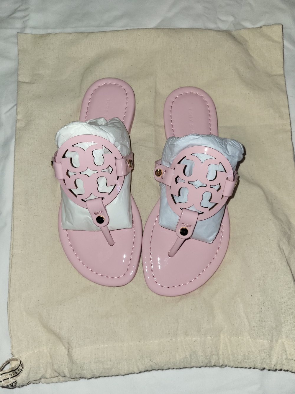 Tory Burch Pink Patent Leather Logo Thong Sandals
